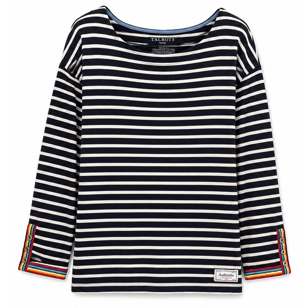 Talbots Petite Authentic Striped Boatneck Top Rainbow Cuff Navy White LP